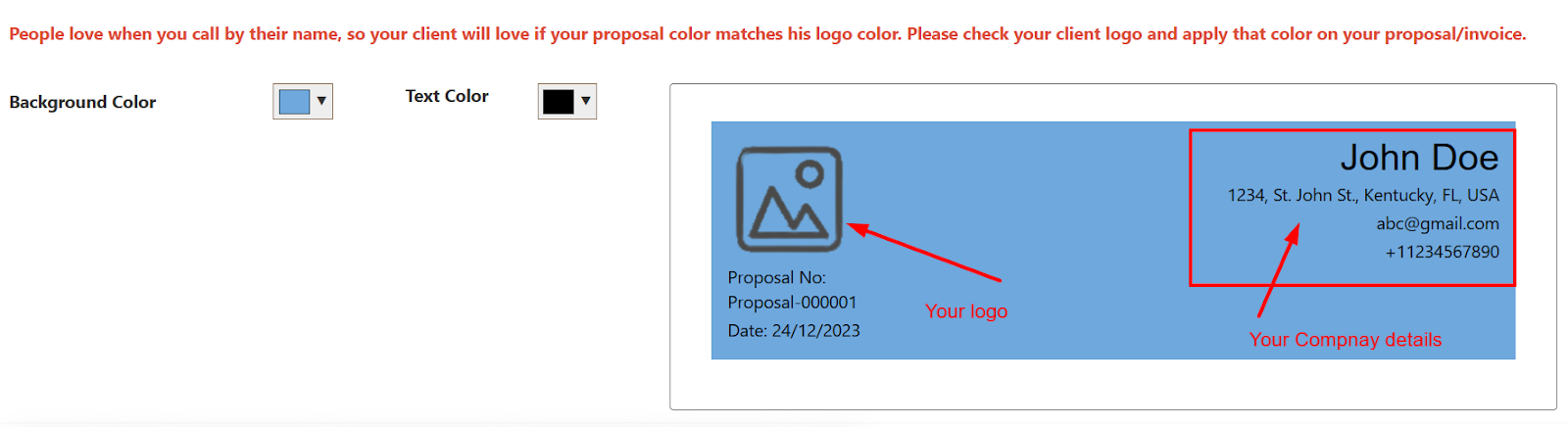 how to change proposal/invoice color and brand logo